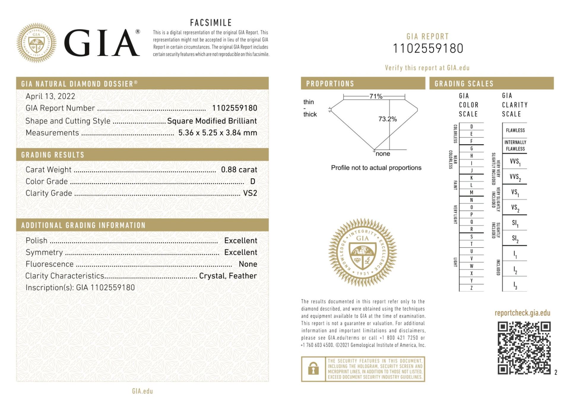 Diamond Natural 0,88Ct D-VS2 Princess - GIA1102559180